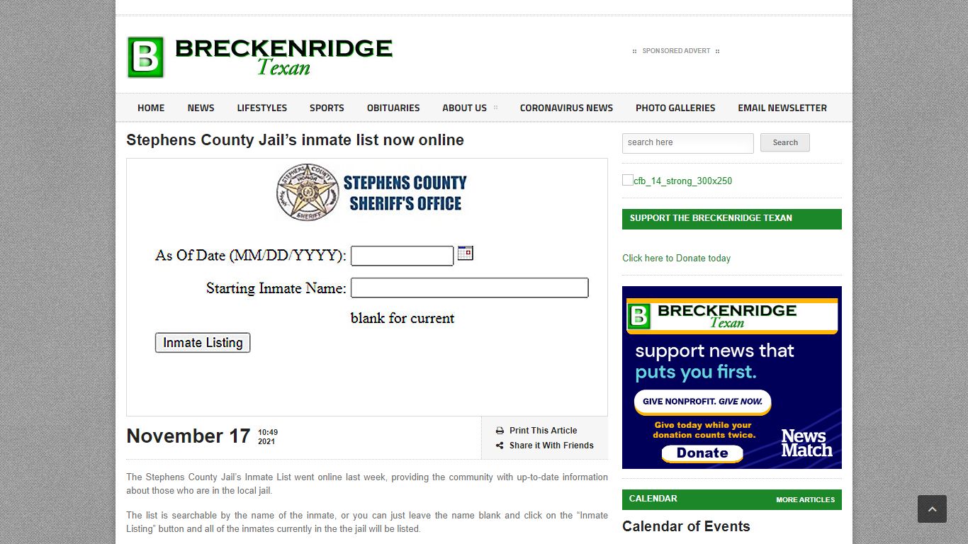 Stephens County Jail’s inmate list now online